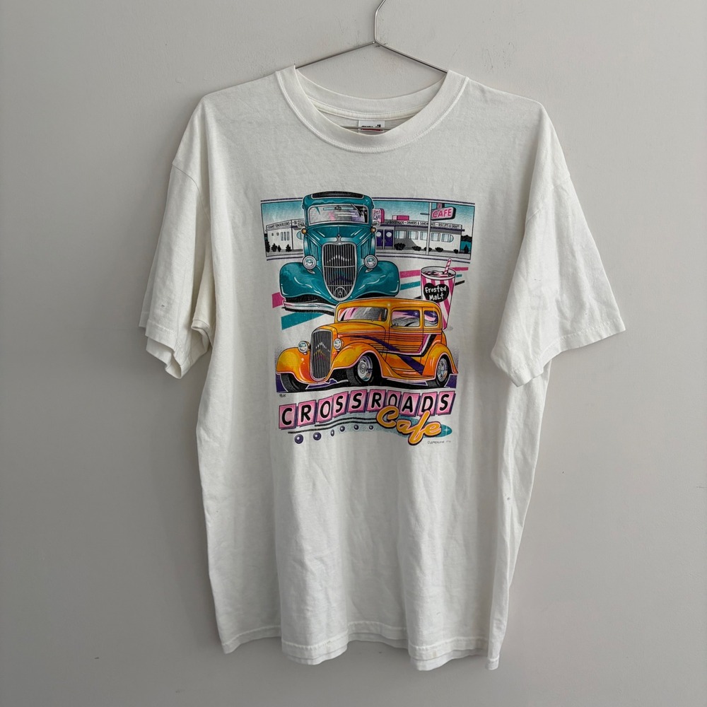 Vintage Anvil Crossroads Cafe Hot Rod T Shirt White Large 90s Graphic Tee